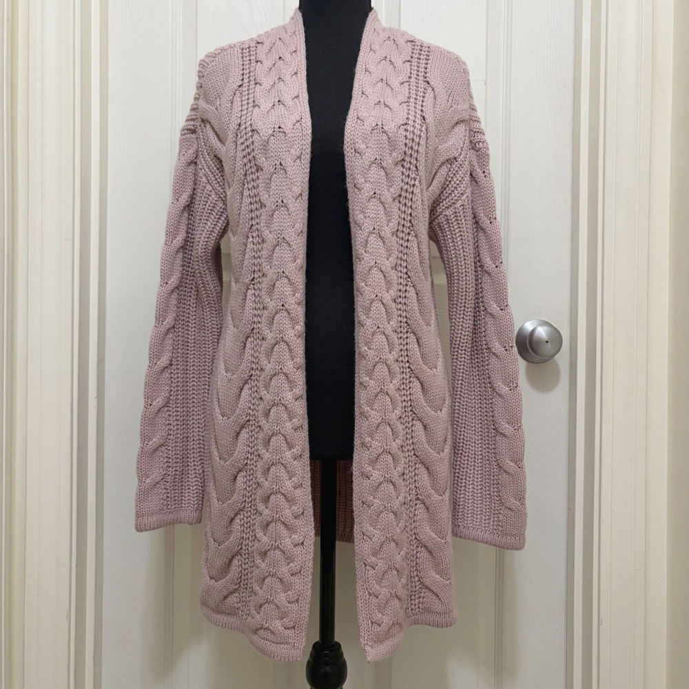 Nine West Open Front Cable Knit Cardigan Sweater M Pink Mauve Sparkle Cottage